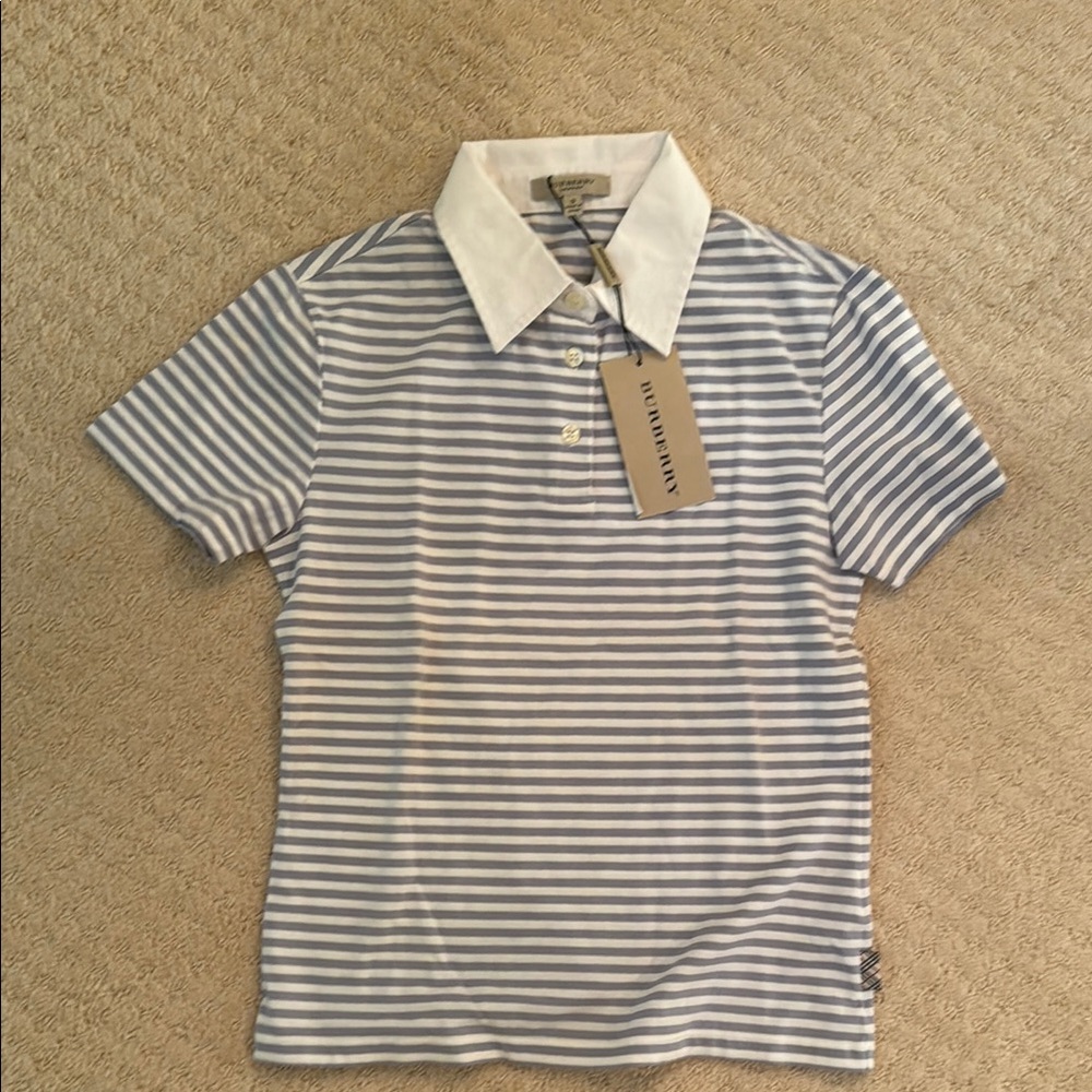 Burberry White and Gray Striped Polo Shirt with Collar NWT